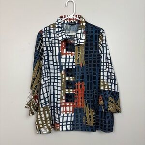 Damee Top Womens Med Grid Colorblock Wire Collar‎ Button Front Long Sleeve Shirt